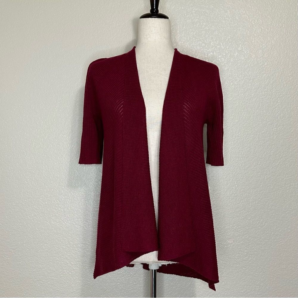 Eileen Fisher 100% Wool Burgundy Open Front Cardigan, Sz Medium